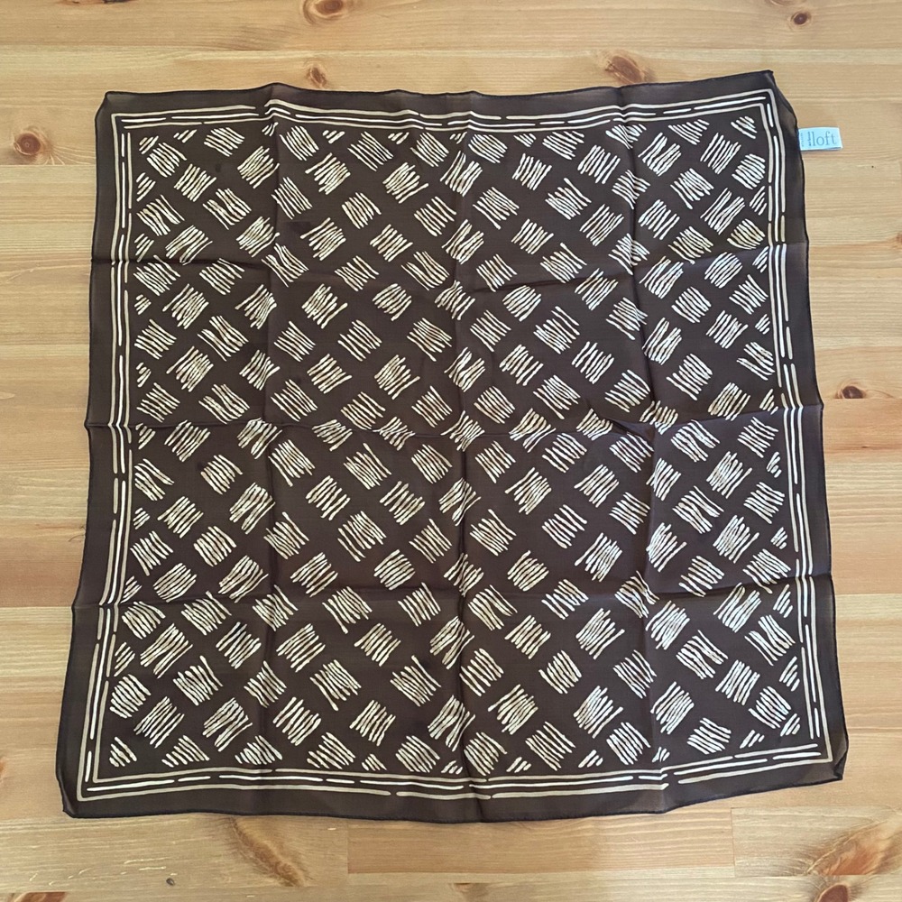 VTG Loft Ann Taylor Brown Cream Abstract Hatch Mark Print 100% Silk Square Scarf